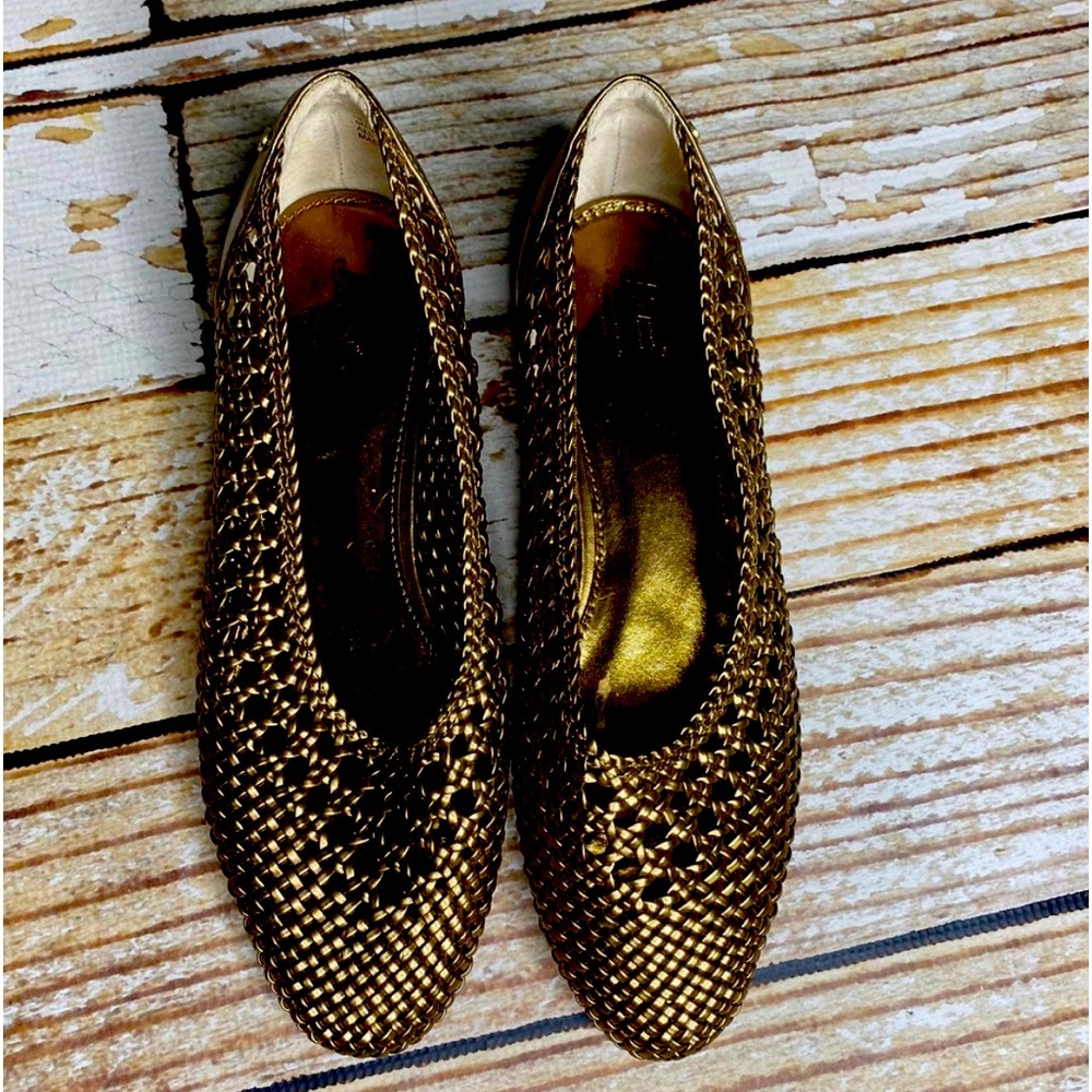 Bass Helene bronze metallic woven loafer flats. Basket weave flats